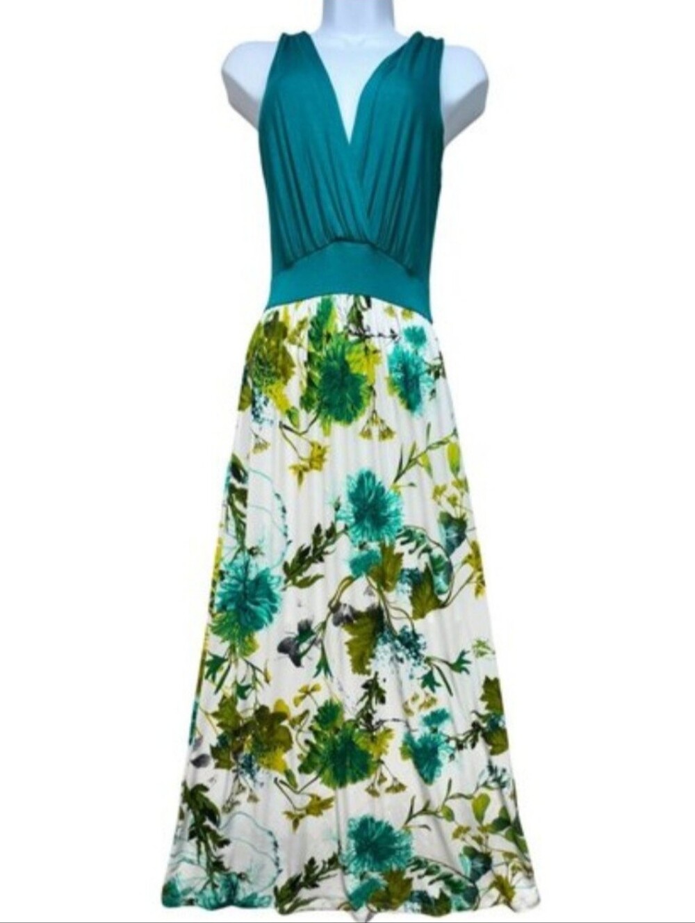 Gilli Teal & Floral Maxi Dress - Sleeveless V-Neck - Chic Beach Stunning - USA - Picture 15 of 15